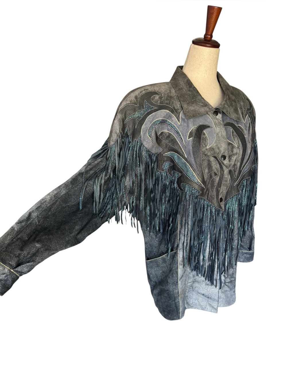 Vintage 80s Roberto Cavalli Fringed Metallic Blue Gray Suede Western Jacket XS - Picture 4 of 16
